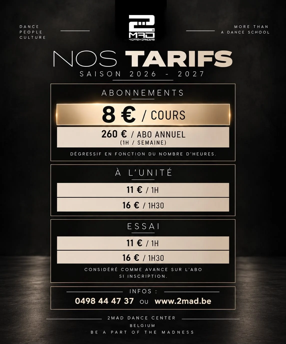 L'affiche des tarifs